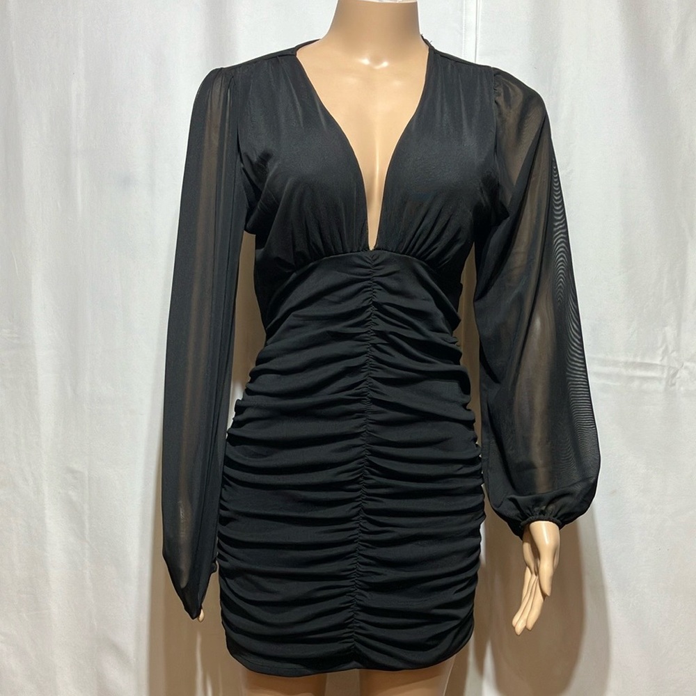 Stella Luce Black Ruched Bodycon Dress with Bishop Sleeves